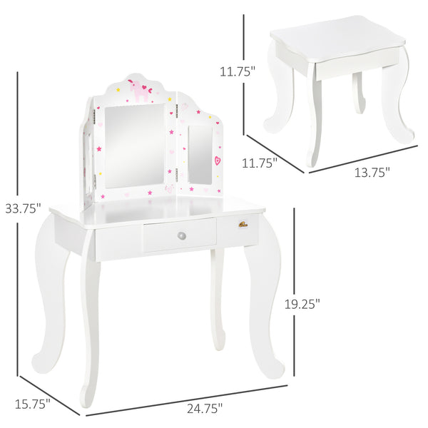 Dressing table set with folding mirrors, star and heart patterned drawer, white