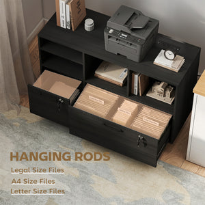 Mobile filing cabinet with charging station, locking drawers, and file storage, dark gray