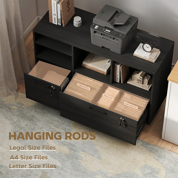 Mobile filing cabinet with charging station, locking drawers, and file storage, dark gray