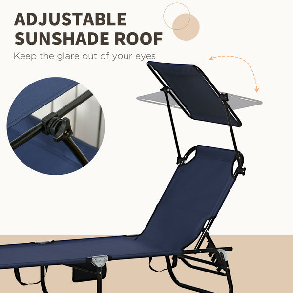 2 Piece Folding Outdoor Chaise Lounges, Pool, Sun, Tanning Chairs with Reclining Back, Sunshade for Beach, Patio, Blue
