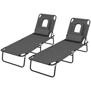 Set of 2 Adjustable Outdoor Lounge Chairs with Face Hole, Reclining Seat for Tanning, Gray