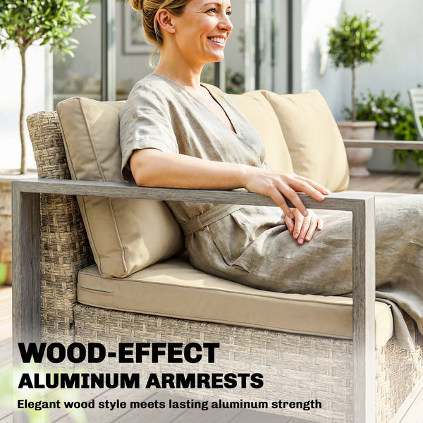 3-Seater Outdoor PE Wicker Sofa with Deep Seating, Wood-Look Aluminum Armrests, Cushions, Khaki