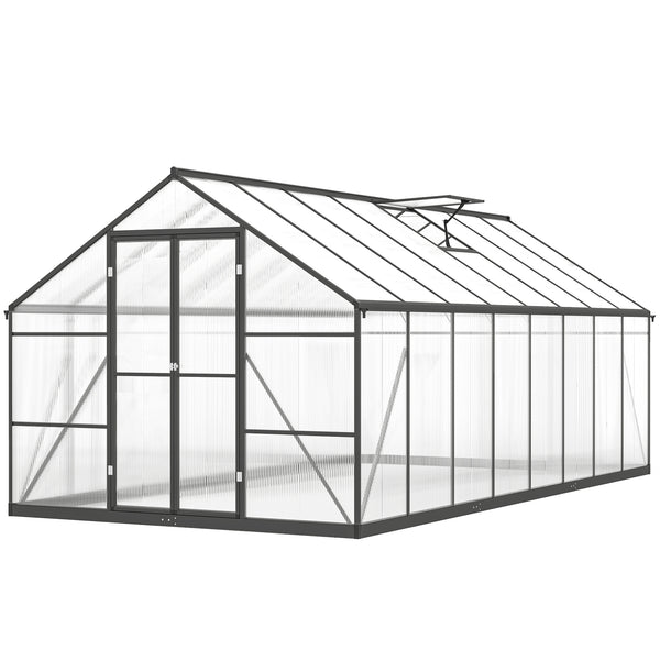 Ground-floor greenhouse with two skylights, gutter and hinged door, dark grey