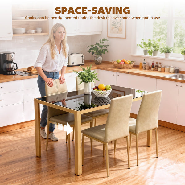 5-piece rectangular glass kitchen table and chairs set with metal frame and faux leather upholstery