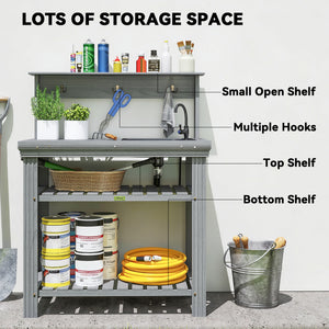 Outdoor potting table with tap, removable sink, hooks and storage shelves