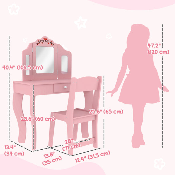 Dressing table with removable tri-fold mirror and drawer, pink