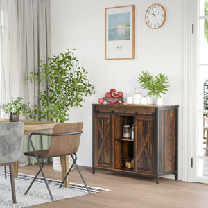 Industrial buffet with sliding barn doors, rustic brown color.