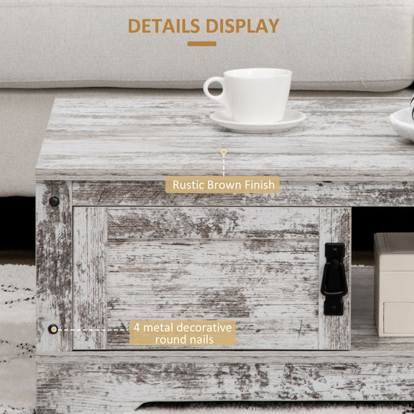 Vintage style coffee table with cabinet, open storage compartments, white