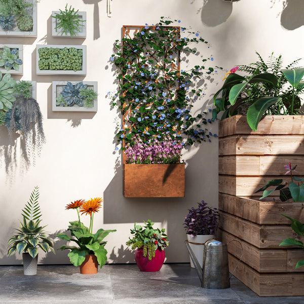 Raised planter with outdoor privacy screen, in metal with trellis, wall-mounted or freestanding, brown