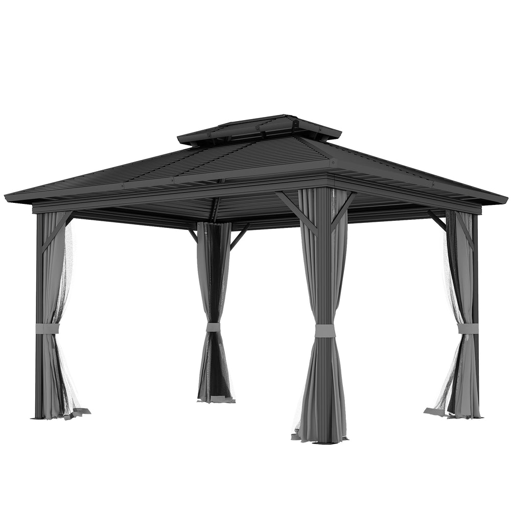 Gazebo 10 x 12 pieds gris clair avec toit rigide métallique à deux niveaux, moustiquaire intégrée et crochet de suspension – abri de jardin robuste pour terrasse ou patio