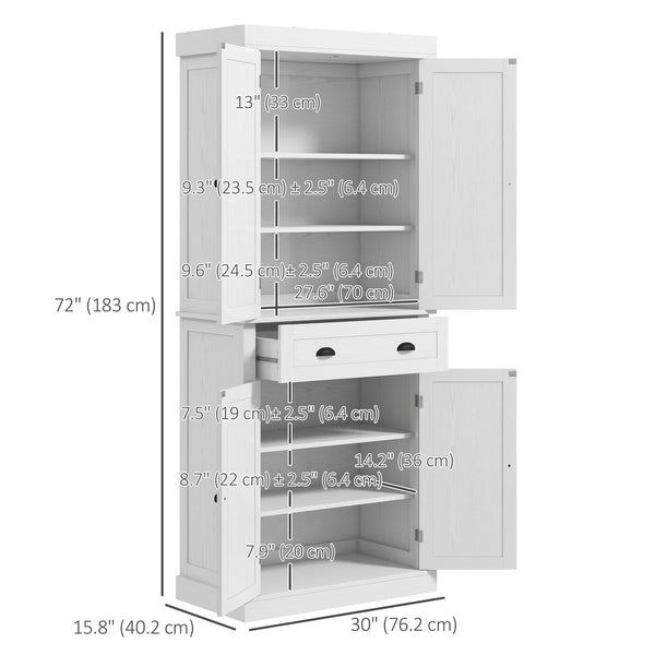 Tall kitchen cabinet with drawer and adjustable shelves, white