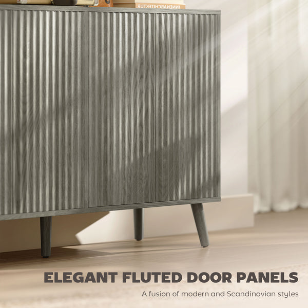 Modern light gray buffet with fluted drawers and adjustable shelves