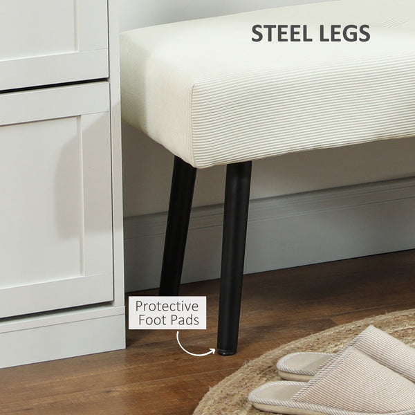 Corduroy Upholstered Ottoman Bench with Steel Legs, Cream White