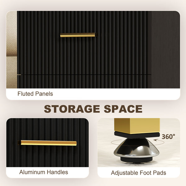 Set of 2 bedside tables with fluted drawers and metal frame – Black and gold