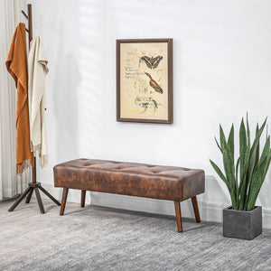 Faux leather button tufted bedroom bench with wooden legs, brown