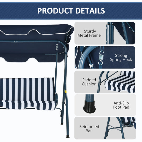 Outdoor Porch Swing with Adjustable Canopy, 3-Seater Patio Swing Chair with Cushion, Blue