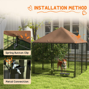 Dog kennel with canopy and swivel bowls, coffee color