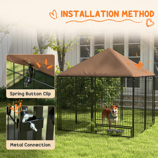 Dog kennel with canopy and swivel bowls, coffee color