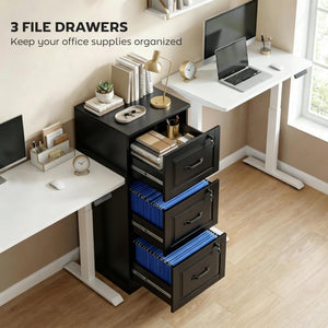 3-drawer vertical filing cabinet with lock, A4 and Letter compatible, black. Adjustable hanging rails.