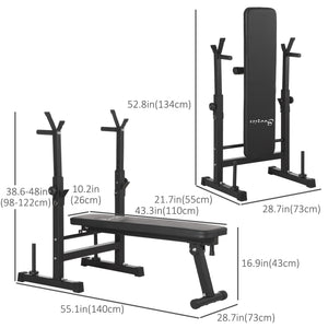 Adjustable, foldable weight bench with dumbbell rack and dip station, black.