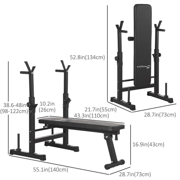 Adjustable, foldable weight bench with dumbbell rack and dip station, black.