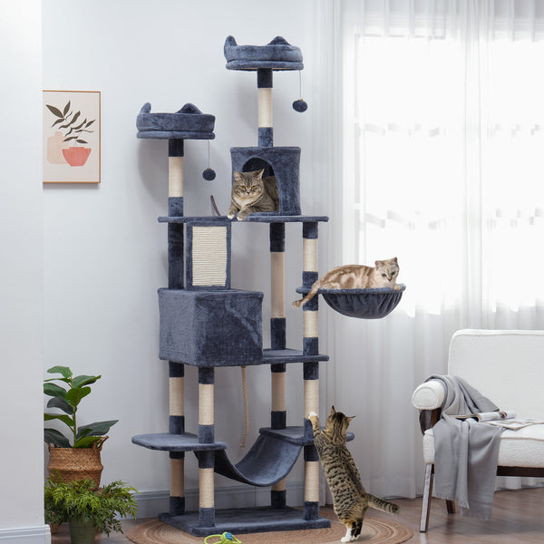 Large 205cm Cat Tree with Scratching Posts, Cabins, Beds, Hammocks, Dark Grey