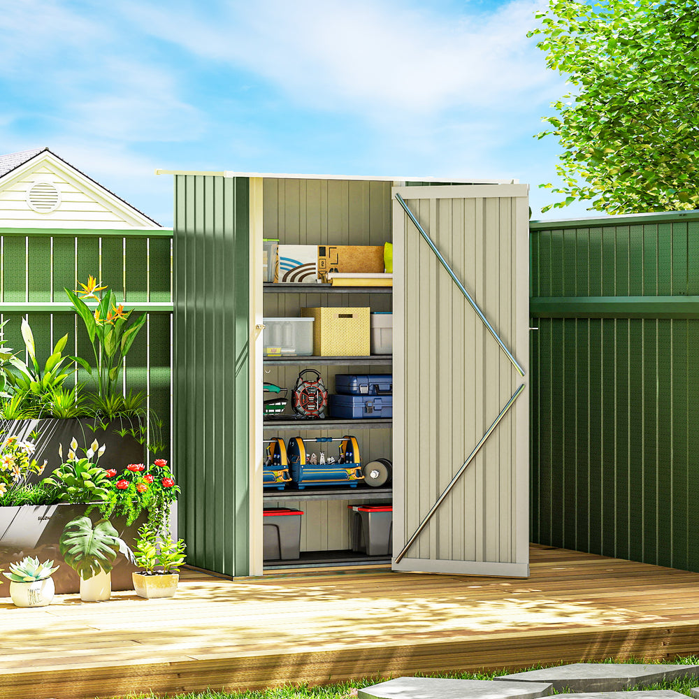 Metal garden shed with sloping roof and lockable door for tools, light green