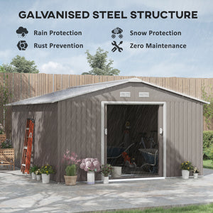 Practical garden shed with double sliding doors, light grey