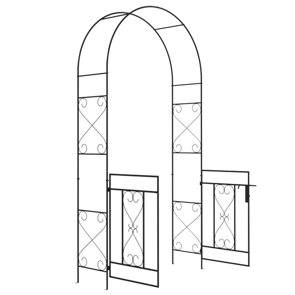 Metal garden arch with gate, trellis for climbing plants, black