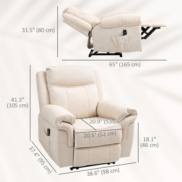 Recliner Chair with Vibration Massage, Microfiber Side Pockets for Living Room, Cream White