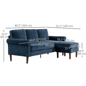 Modern corner sofa with removable chaise longue, wooden legs, dark blue