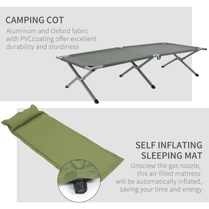 Folding camp bed with self-inflating air mattress and carrying bag