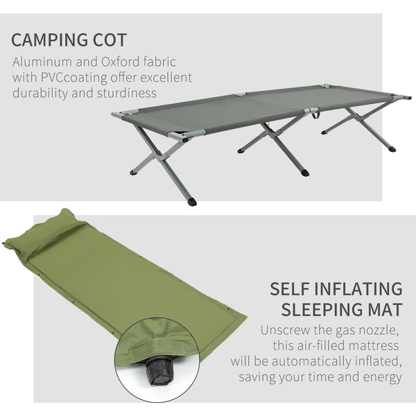 Folding camp bed with self-inflating air mattress and carrying bag