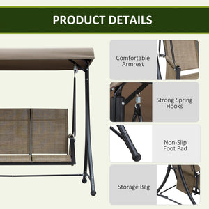 Swing chair for 3 people with high backrest and adjustable canopy, brown