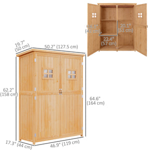 Wooden garden shed with windows and double doors, natural wood