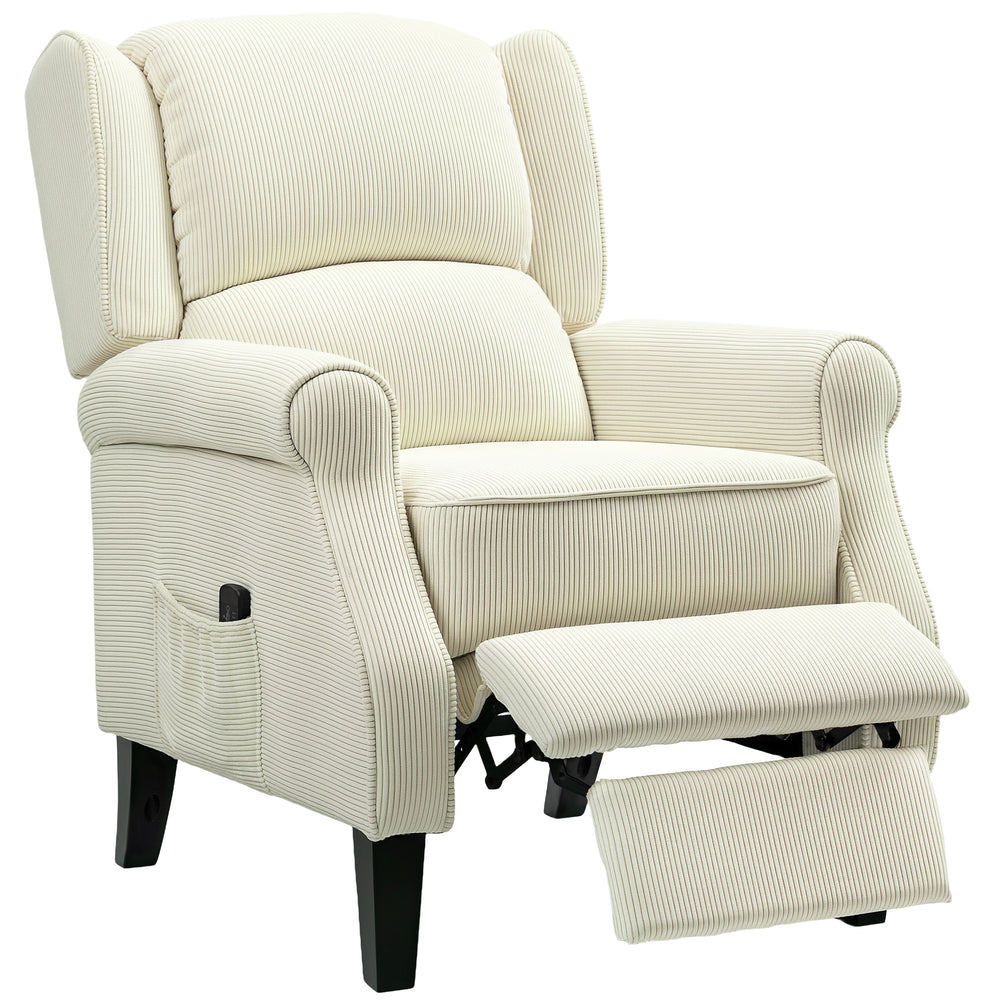 Lift-back recliner chair with vibration massage, extendable footrest, remote control, cream color