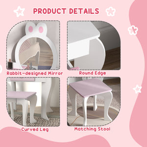 Dressing table with stool, mirror, drawer and storage boxes, rabbit motif, white