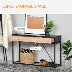 Entrance console table with 2 drawers, coffee table with steel frame, black