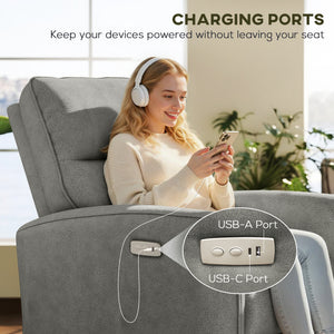 Electric reclining chair, fabric upholstery, USB ports, footrest, grey