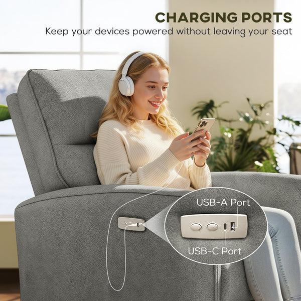 Electric reclining chair, fabric upholstery, USB ports, footrest, grey
