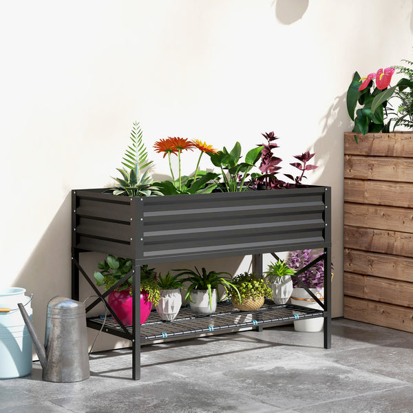 Galvanized raised planter with liner and storage shelf