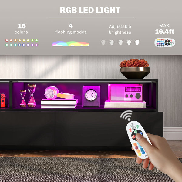 TV stand with LED lighting for TVs up to 75 inches, glossy black