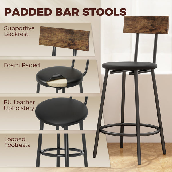 Bar table with 3 padded stools, rustic brown