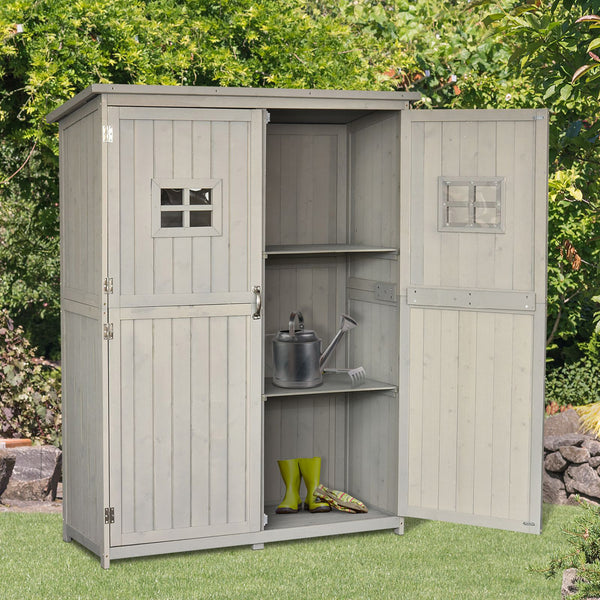 Wooden storage unit with windows and double doors, grey