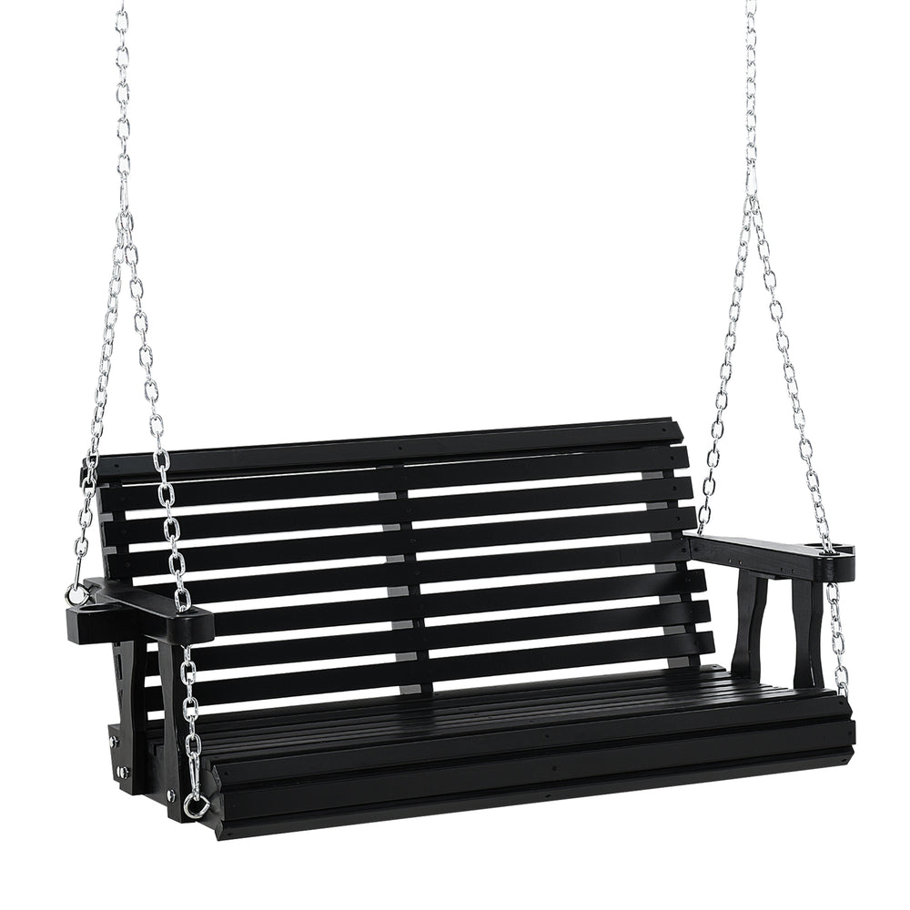 Two-seater wooden swing with cup holder and chains, black