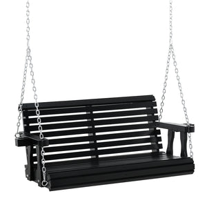 Two-seater wooden swing with cup holder and chains, black