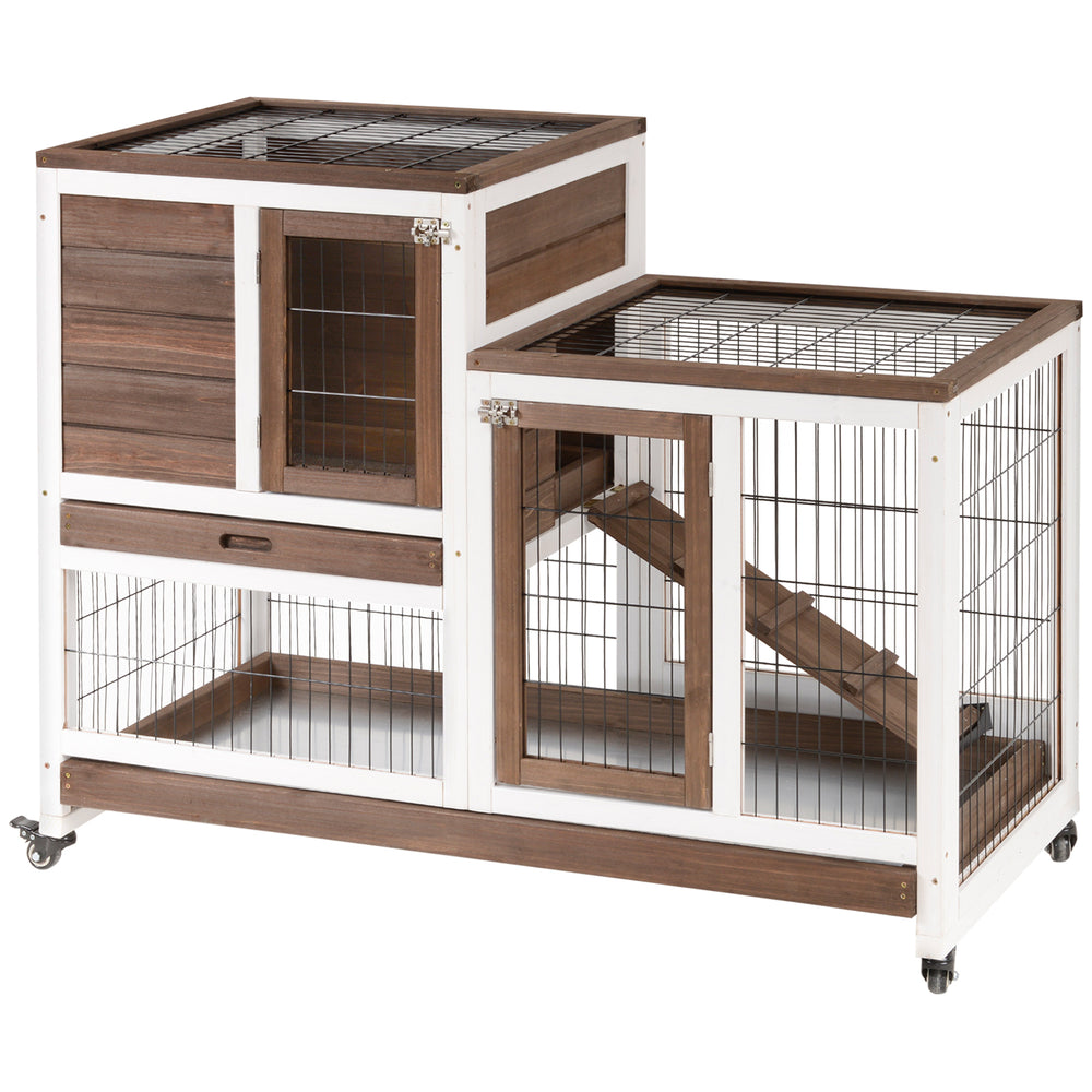 Wooden hutch with wheels, removable trays and run, brown
