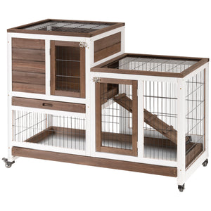 Wooden hutch with wheels, removable trays and run, brown