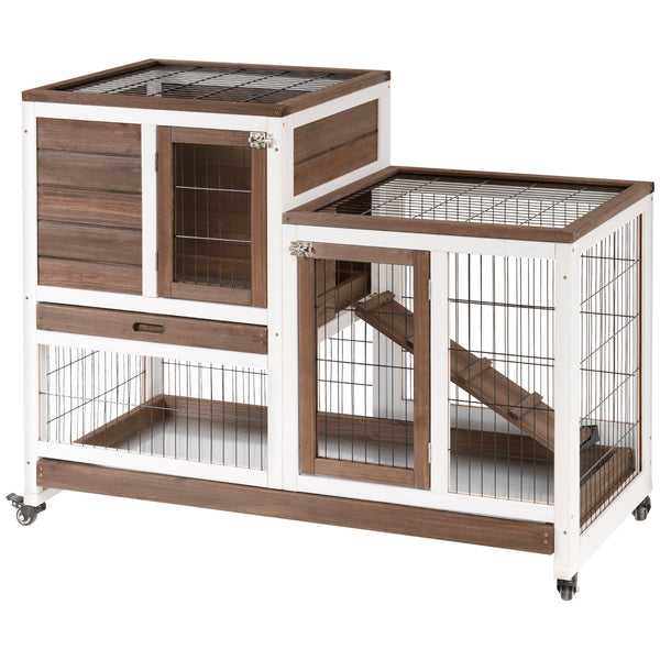Wooden hutch with wheels, removable trays and run, brown
