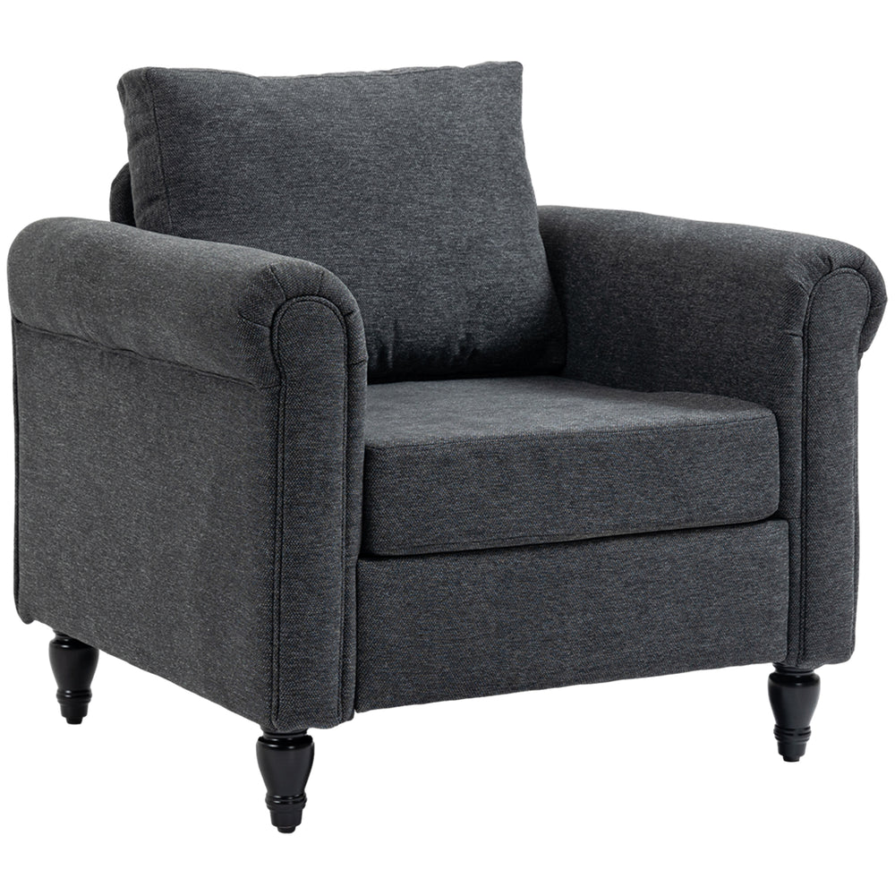 Vintage upholstered armchair with rolled armrests and rubberwood legs, dark gray